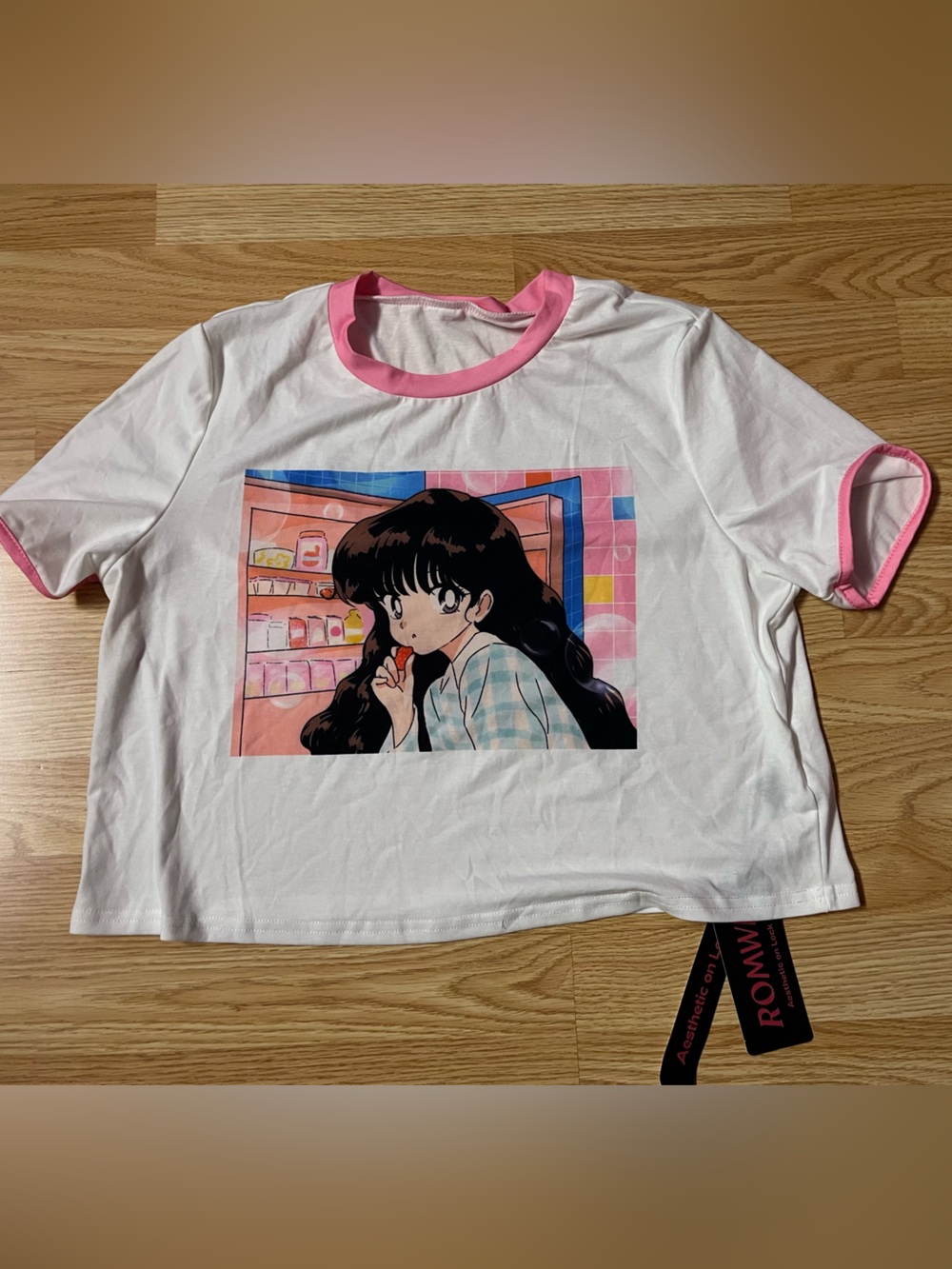 ROMWE Pink Trim and Anime Print Top and Checkered Shorts - Pyjama Set